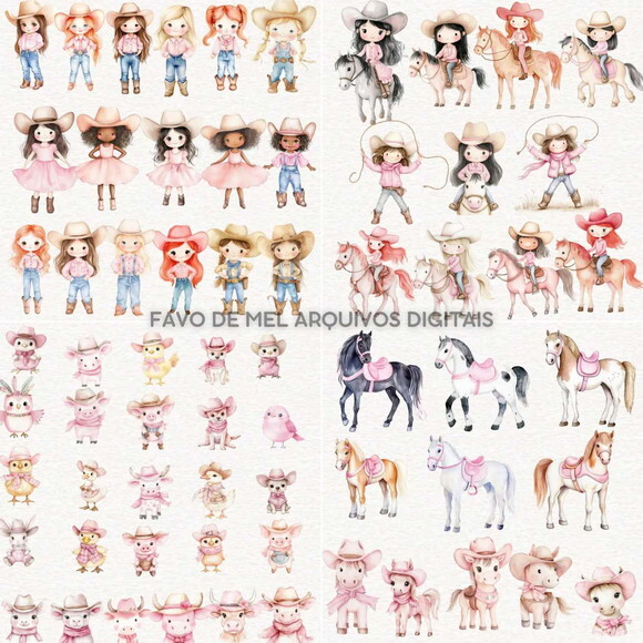 Kit Digital Cowgirl Aquarela Rosa #48 Png Premium