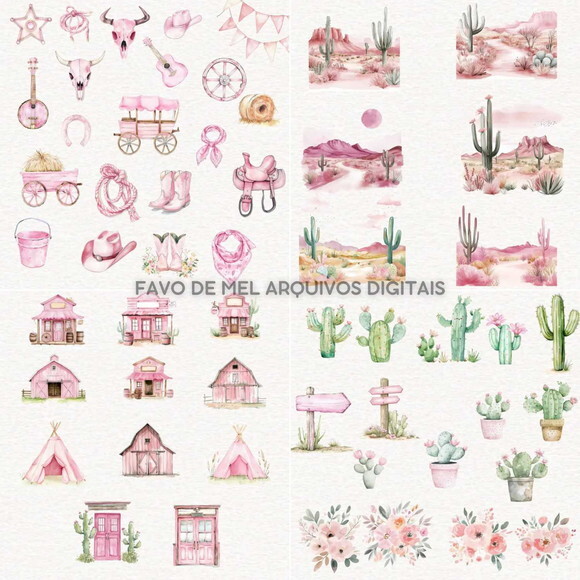 Kit Digital Cowgirl Aquarela Rosa #48 Png Premium