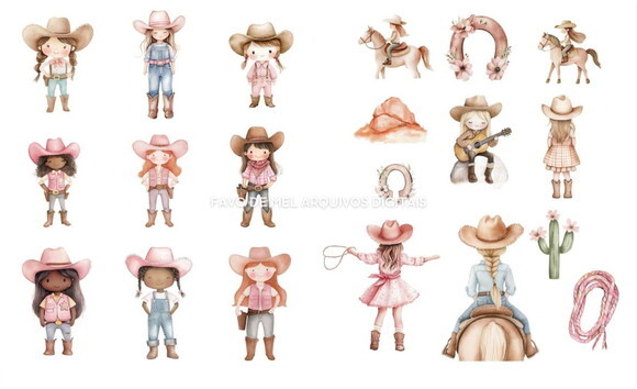Kit Digital Cowgirl Aquarela Rosa Premium Png #40