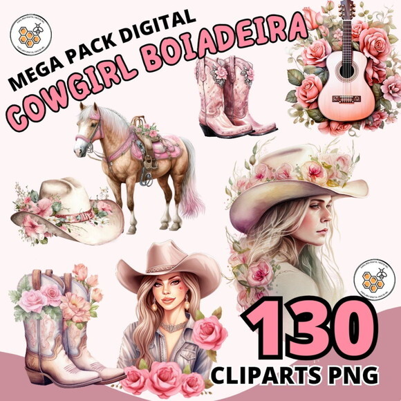 Kit Digital Cowgirl Boiadeira Pink Aquarela - Mega Pack