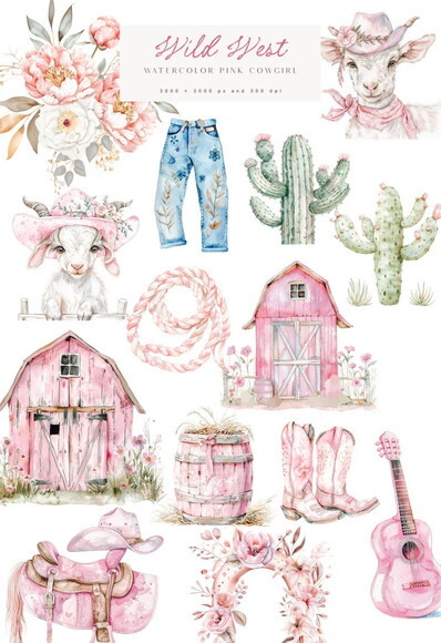 Kit Digital Cowgirl Pink Aquarela Premium - Wild West (paa)