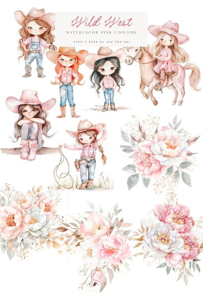 Kit Digital Cowgirl Pink Aquarela Premium - Wild West (paa)