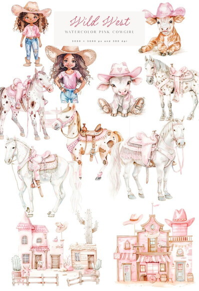 Kit Digital Cowgirl Pink Aquarela Premium - Wild West (paa)