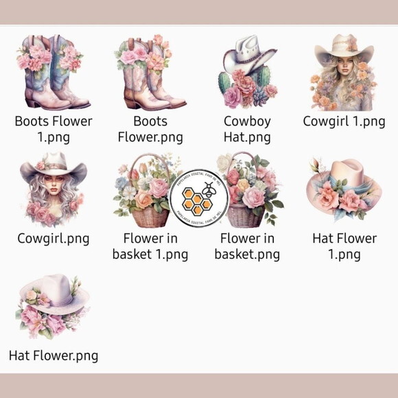 Kit Digital Cowgirl Floral Aquarela - Pastel Cowgirl