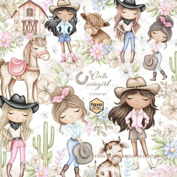 Kit Digital Cute Cowgirl Boiadeira Aquarela Png
