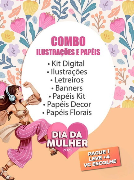 Kit Digital Dia da Mulher 2025 Combo Ilustrações e Papéis