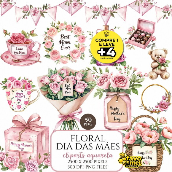 Kit Digital Dia das Mães Aquarela #6 Elementos Rosa