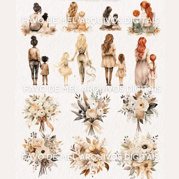 Kit Digital Dia das Mães Boho Floral Aquarela - Mãe e Filha
