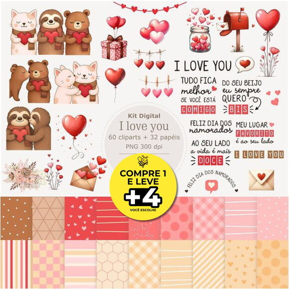 Kit Digital Dia dos Namorados Aquarela - I Love You
