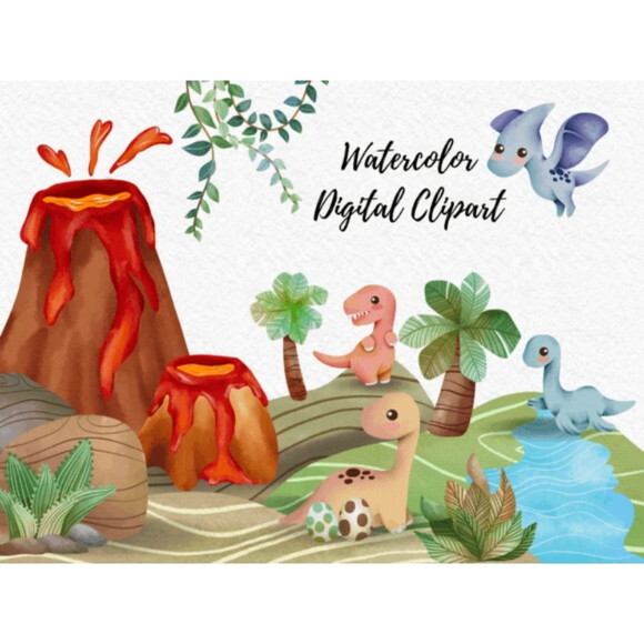 Kit Digital Dinossauro Aquarela - Cute Dinosaur V2