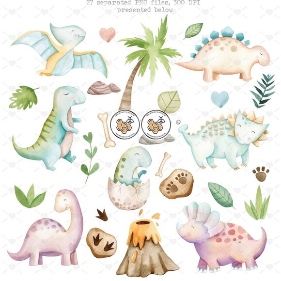 Kit Digital Dinossauro Aquarela Premium - Dinosaurs (mm)