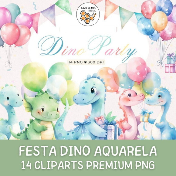 Kit Digital Dinossauro Festa Aquarela Premium - Dino Party