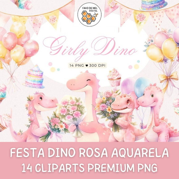 Kit Digital Dinossauro Rosa Festa Aquarela - Girly Dino