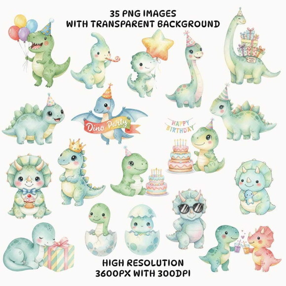 Kit Digital Dinossauros Aniversário Aquarela Png