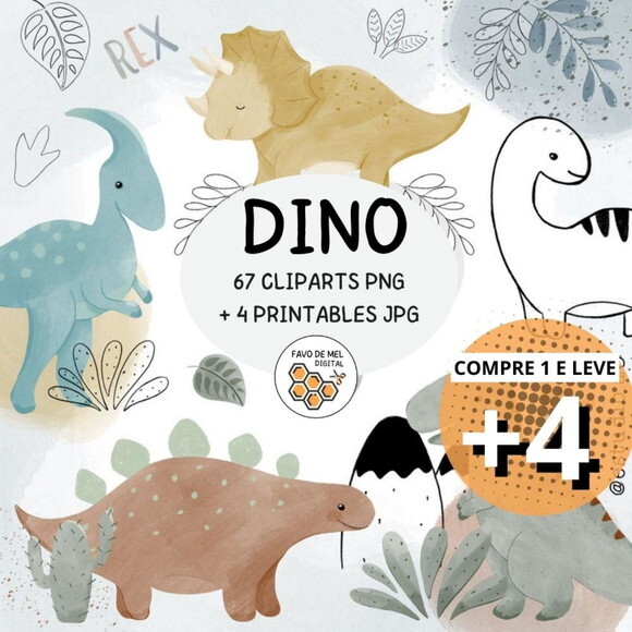 Kit Digital Dinossauros Aquarela - Dino