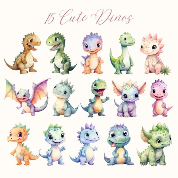 Kit Digital Dinossauros Aquarela Premium - Cute Dinosaurs