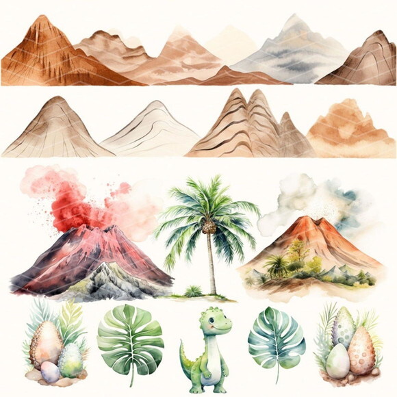 Kit Digital Dinossauros Aquarela Premium - Cute Dinosaurs