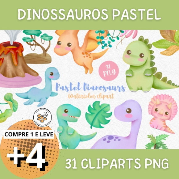 Kit Digital Dinossauros Candy Aquarela - Pastel Dinosaurs