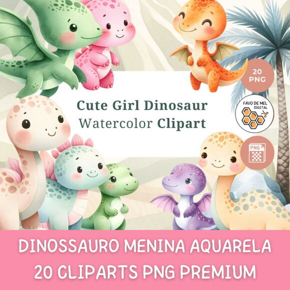Kit Digital Dinossauros Menina Aquarela - Cute Girl Dinosaur