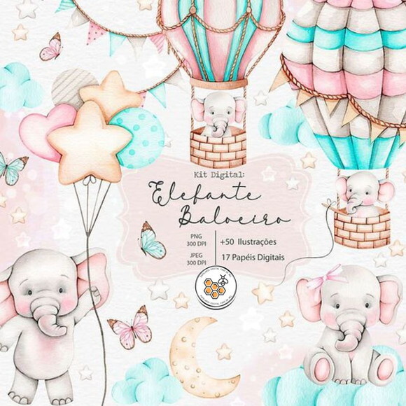 Kit Digital Elefante Baloeiro Aquarela Premium