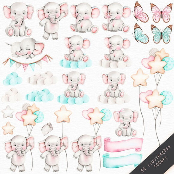 Kit Digital Elefante Baloeiro Aquarela Premium