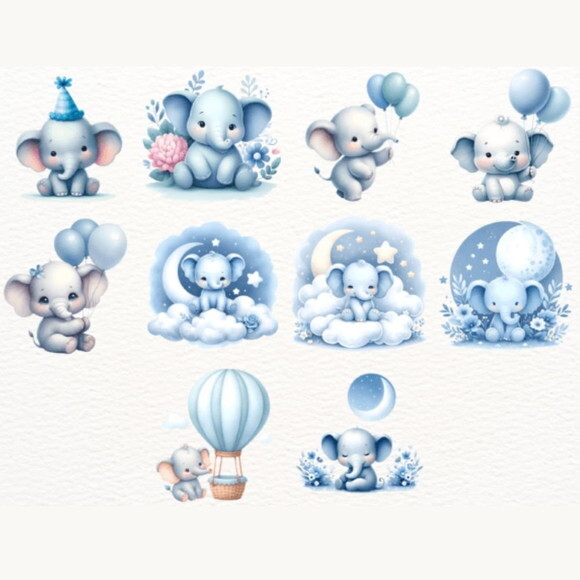 Kit Digital Elefantinho Baby Azul Aquarela - Blue Elephant