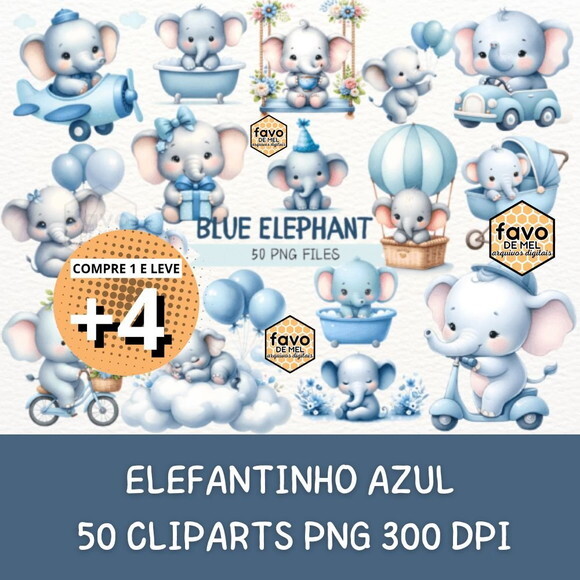 Kit Digital Elefantinho Baby Azul Aquarela - Blue Elephant