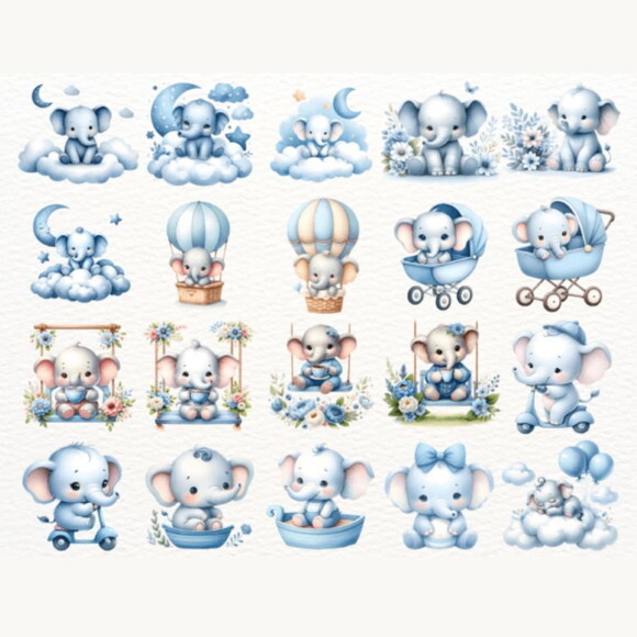 Kit Digital Elefantinho Baby Azul Aquarela - Blue Elephant