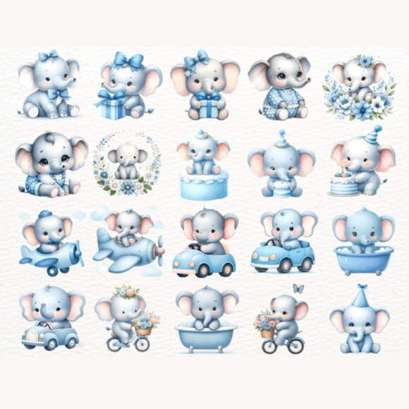 Kit Digital Elefantinho Baby Azul Aquarela - Blue Elephant