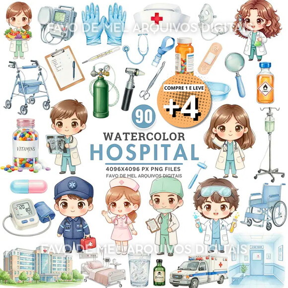 Kit Digital Elementos Hospital Aquarela - Medicos Cute Png