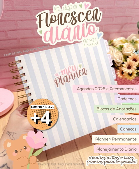Kit Digital Encadernação Florescer Diário 2026 pdf Png