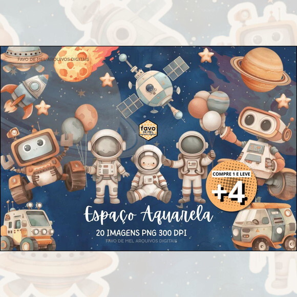 Kit Digital Espaço Astronauta Menino Aquarela Pague 1 Leve 5