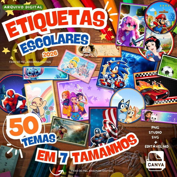 Kit Digital Etiquetas Escolares 2026 Combo 50 Temas Png Svg