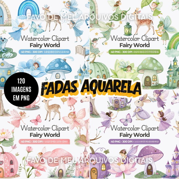 Kit Digital Fadas Aquarela - Combo 4 Kits Digitais Png