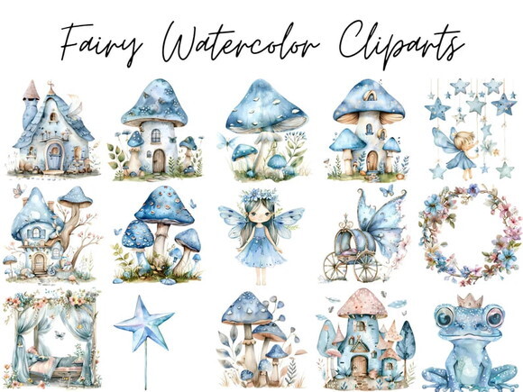Kit Digital Fadinhas Azul Aquarela Png Jardim das Fadas