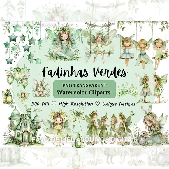 Kit Digital Fadinhas Verde Aquarela Png Jardim das Fadas