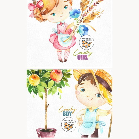 Kit Digital Fazendeiros Aquarela Premium Countryboy And Girl