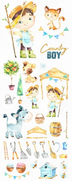 Kit Digital Fazendeiros Aquarela Premium Countryboy And Girl