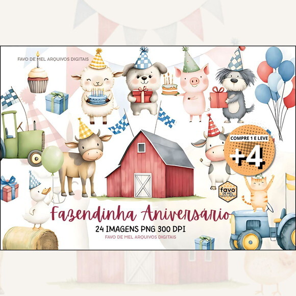 Kit Digital Fazendinha Aniversário Aquarela -pague 1 Leve +4