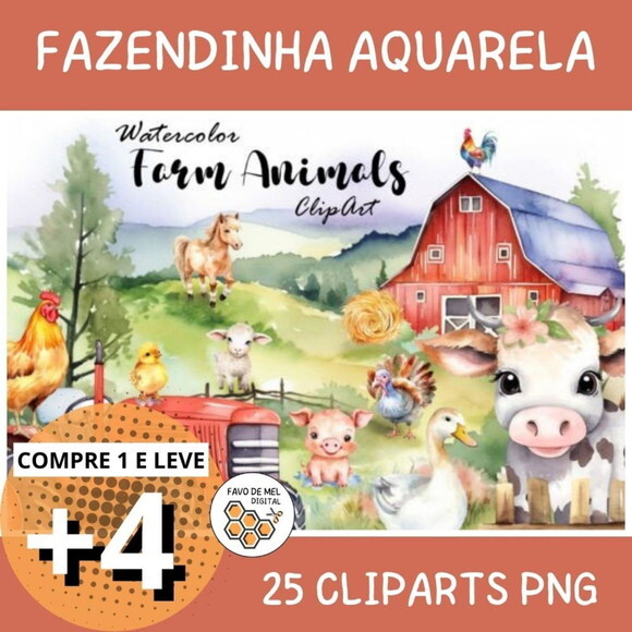 Kit Digital Fazendinha Aquarela - Charming Farm Animals