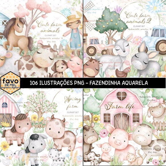 Kit Digital Fazendinha Aquarela - Combo Ilustrações