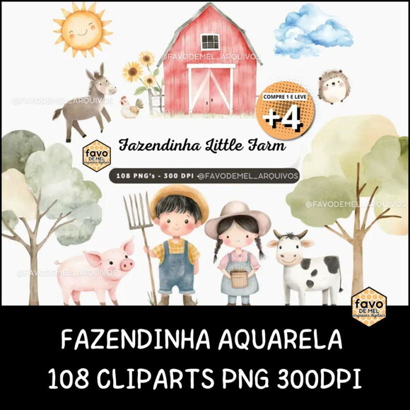 Kit Digital Fazendinha Aquarela - Cute Little Farm (kd)