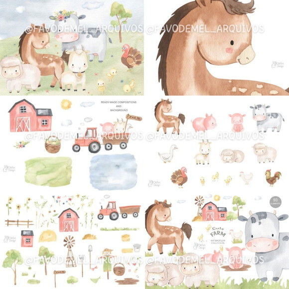 Kit Digital Fazendinha Aquarela - Cute Farm