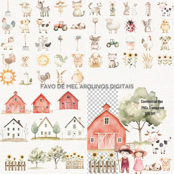 Kit Digital Fazendinha Aquarela #46 Png Premium