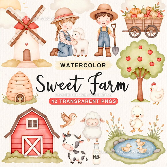 Kit Digital Fazendinha Aquarela Cute #48 Png Premium