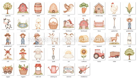Kit Digital Fazendinha Aquarela Cute #48 Png Premium