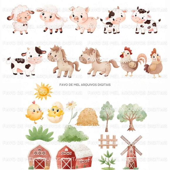 Kit Digital Fazendinha Aquarela Png Animais da Fazenda