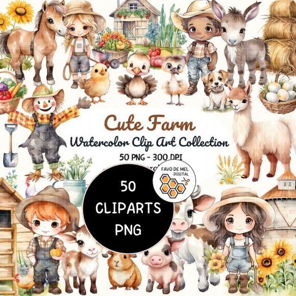 Kit Digital Fazendinha Aquarela Premium - Cute Farm Cc