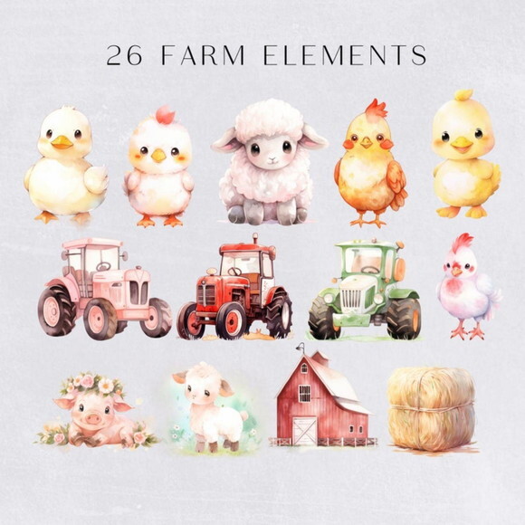 Kit Digital Fazendinha Aquarela Premium - Farm Animals (hc)