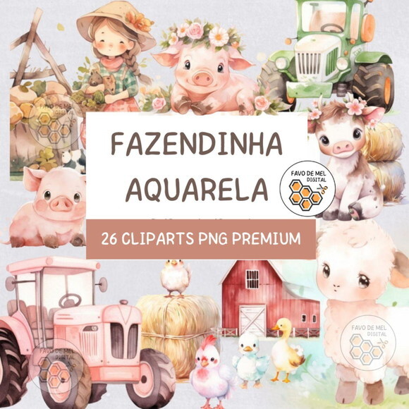 Kit Digital Fazendinha Aquarela Premium - Farm Animals (hc)